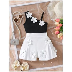 Petal Pop 2pc Set – Black & White Tank and Shorts with 3D Flower Embellishments